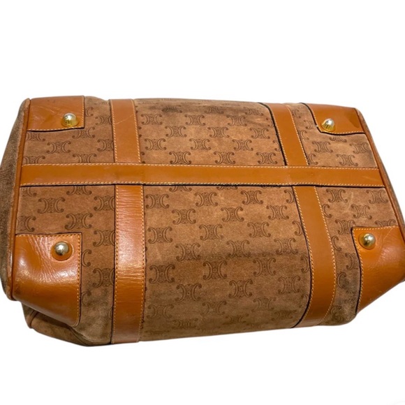 Vintage Celine Macadam Suede Boston Bag Brown Monogram Leather Trim Top Handle - Picture 4 of 13